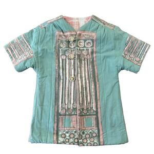 OOAK Quilted Patterened Retro green top jacket short sleeves button front medium